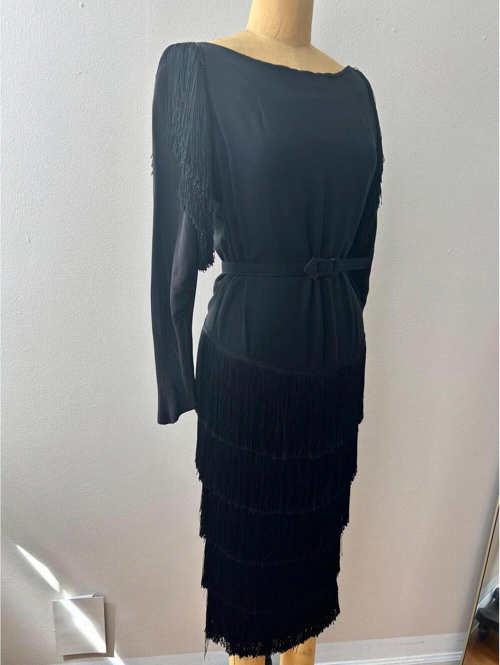 Vintage 1940s Black Belted Fringe Cocktail Dress - Picture 4 of 8